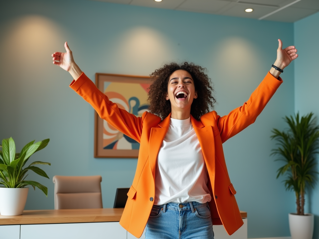 Joyful woman celebrating in an office, giving thumbs-up with both hands raised.