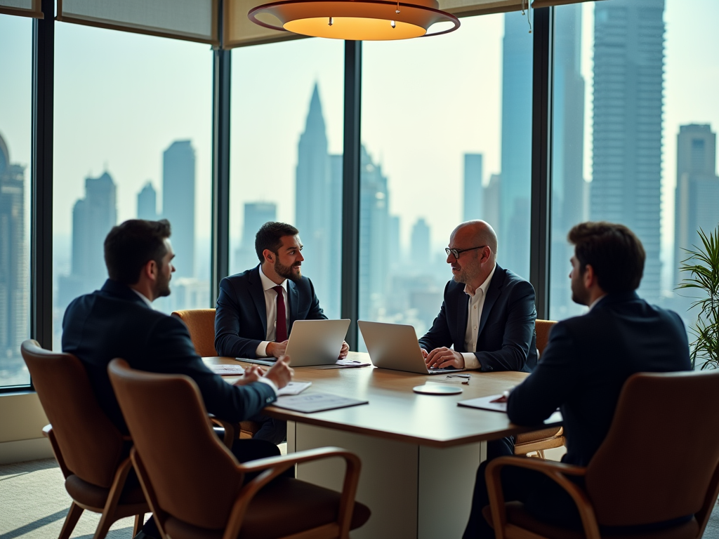 Four businessmen discussing in a high-rise office with city skyline in background.