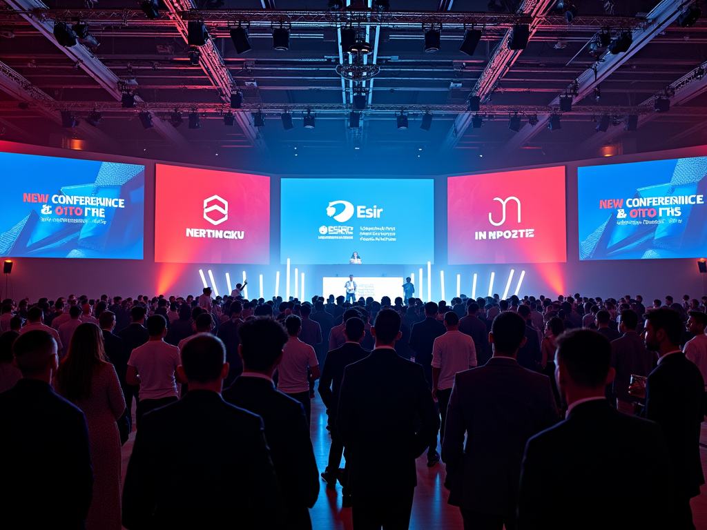 A crowded tech conference with attendees looking towards a lit stage with multiple screens displaying logos and text.