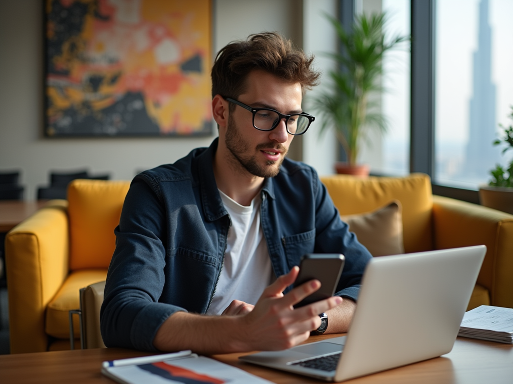 Young man using smartphone and laptop in modern office with city view.