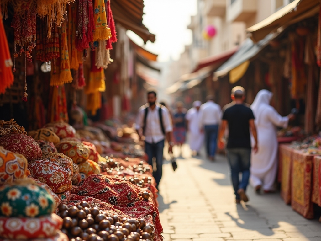 Vibrant market scene with colorful textiles and bustling crowd in a Middle Eastern souk.