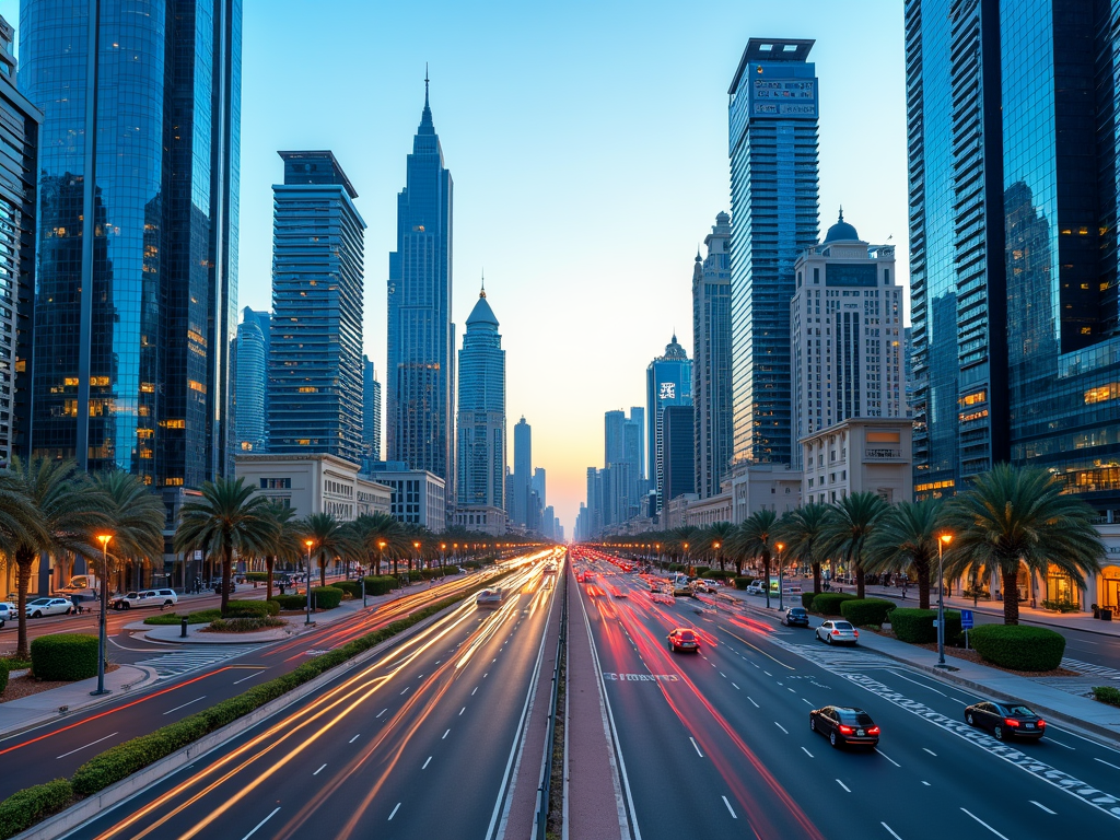 Twilight cityscape with modern skyscrapers and busy traffic trails on a main road, lined with palm trees.