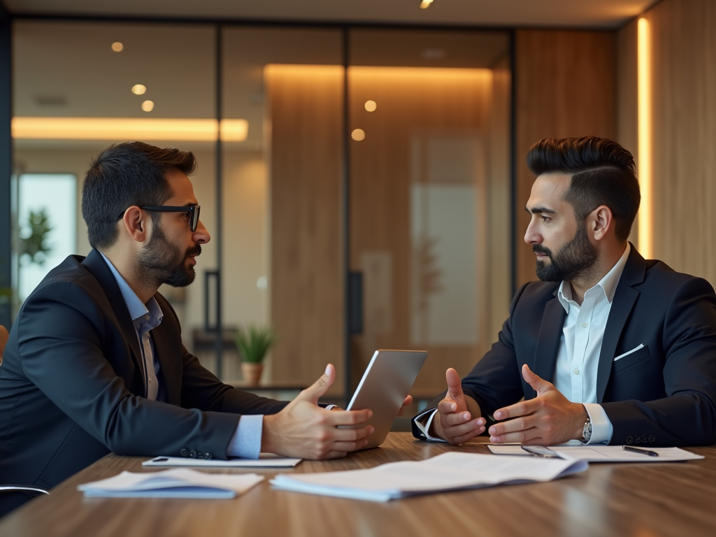 Two businessmen discussing with digital tablet and papers on a table in a modern office.