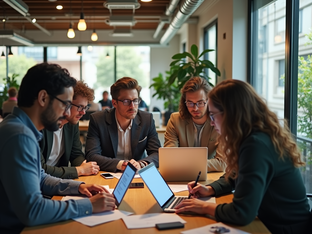 Five professionals focus on a laptop in a modern office meeting.