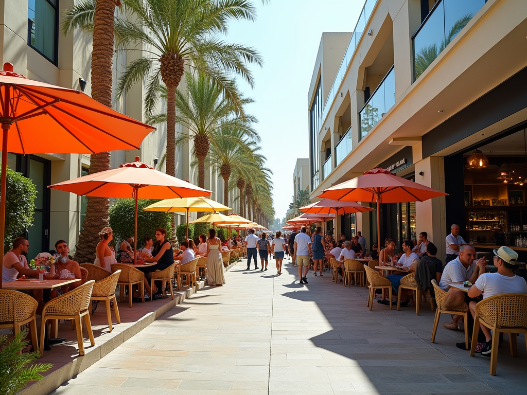 Palm-lined walkway with people dining under orange umbrellas at an outdoor cafe.