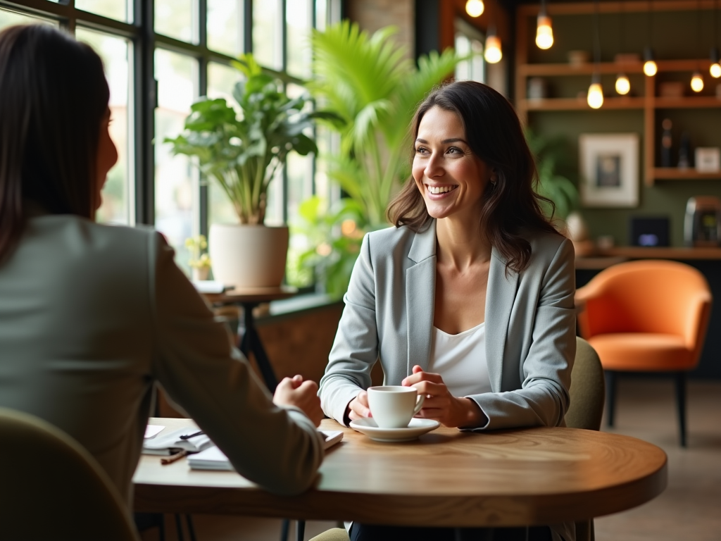 Two women in a business meeting at a cafe, one smiling while holding a cup of coffee.