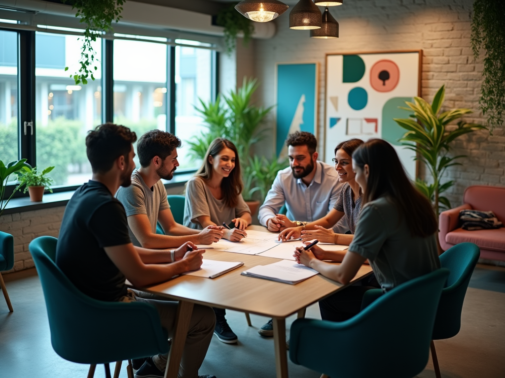 Group of six young professionals engaged in a discussion around a table in a modern office setting.