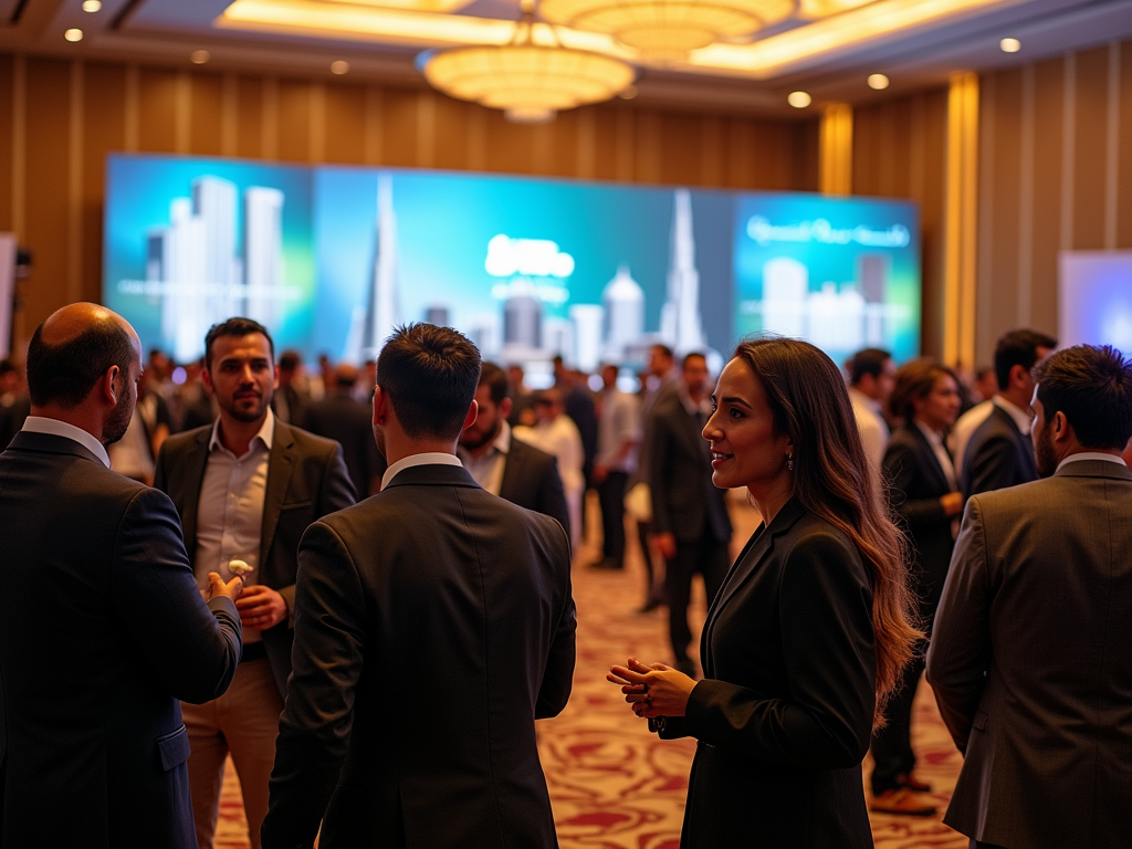 Business professionals networking at a conference with a city skyline backdrop.