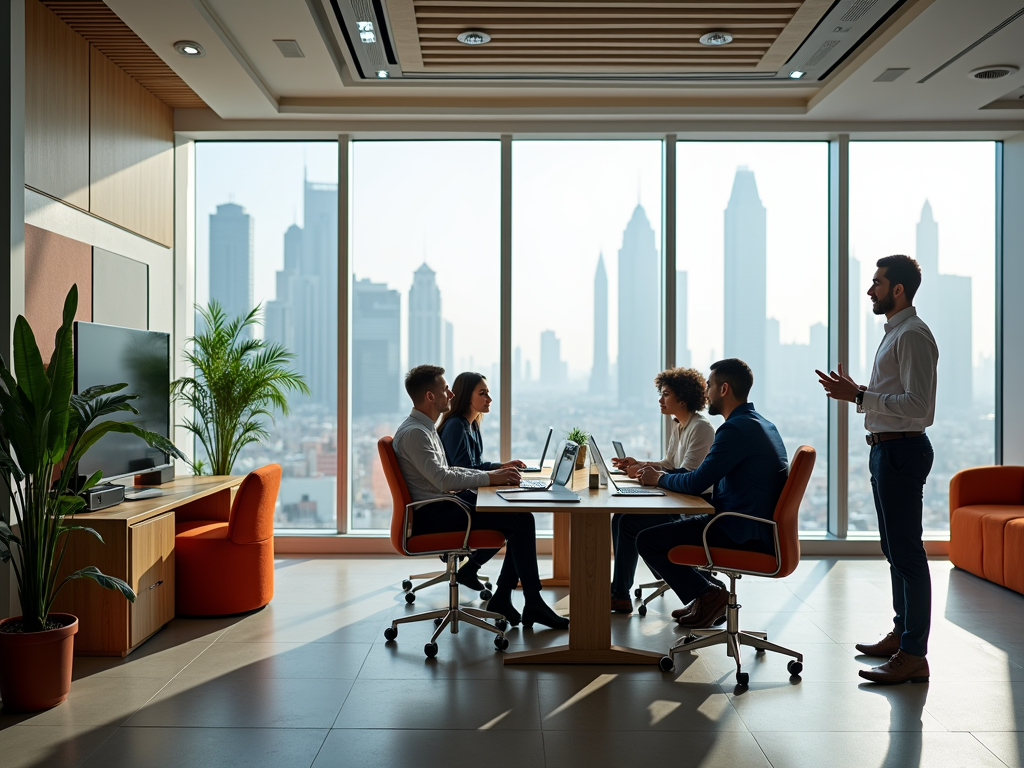 Five professionals in a meeting room with cityscape view, one presenting to the others seated at the table.