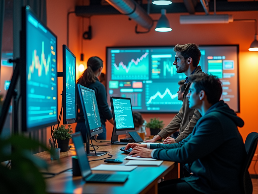 Team of professionals analyzing data on multiple screens in a high-tech office environment.