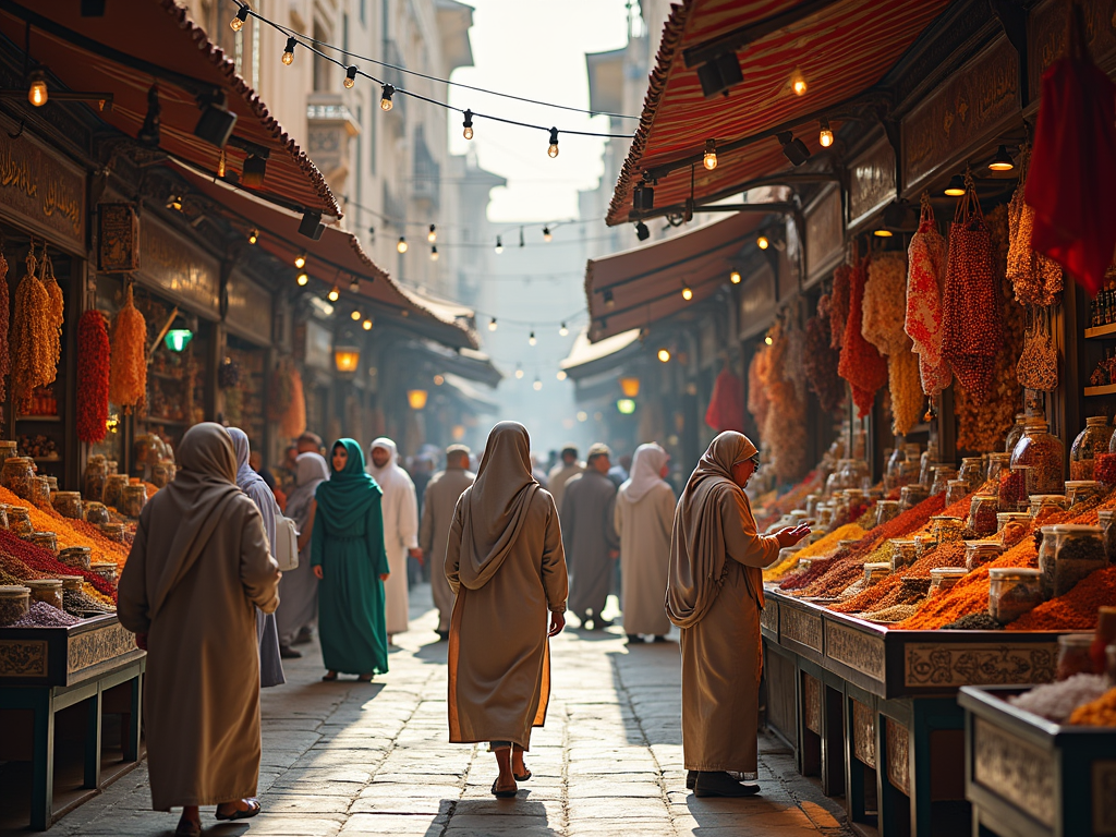 People browsing vibrant spice stalls in a bustling market street, illuminated by hanging bulbs.