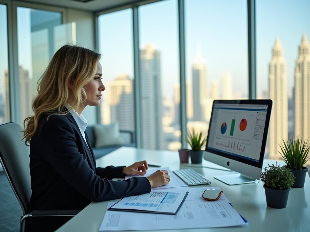 Businesswoman reviewing data on computer in modern office with cityscape view.