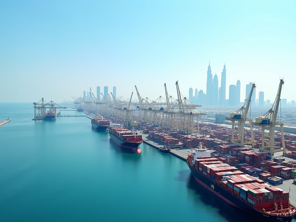 Aerial view of a busy port with ships and cranes, city skyline in the background, clear day.