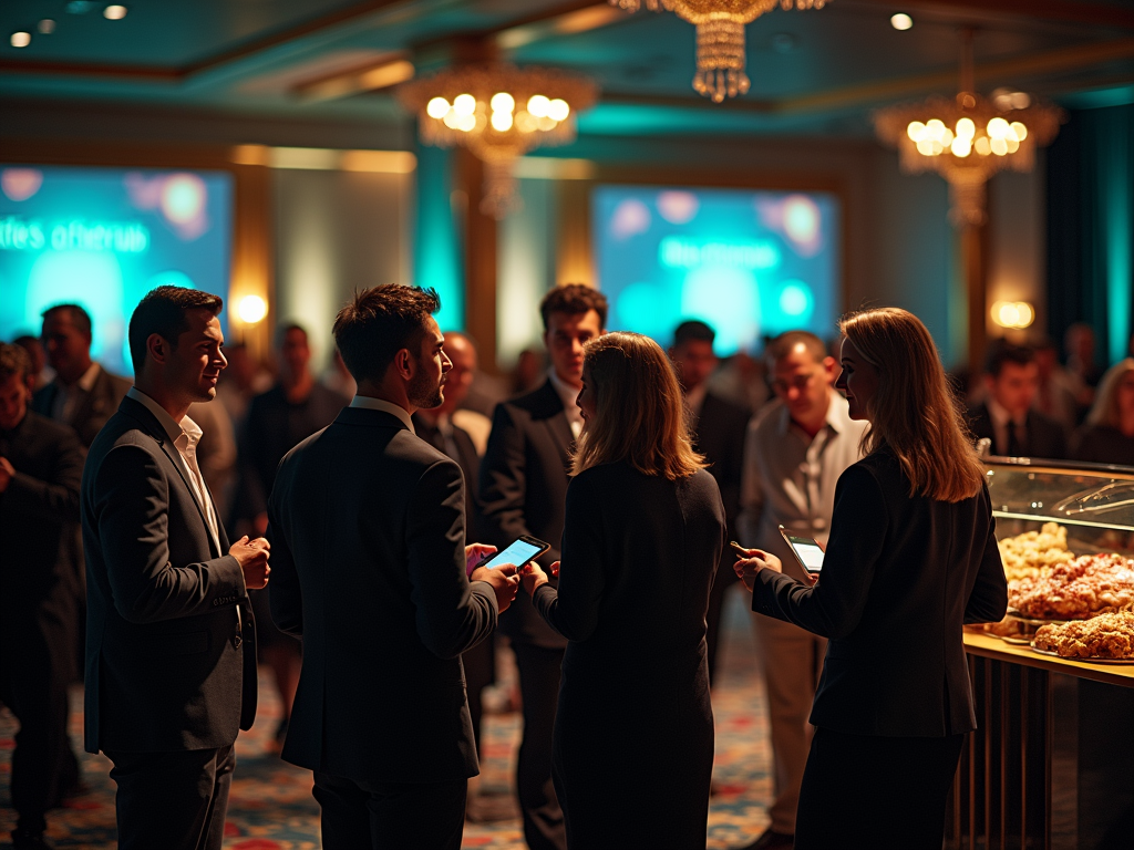 People conversing at a business networking event in an elegant room with chandeliers.