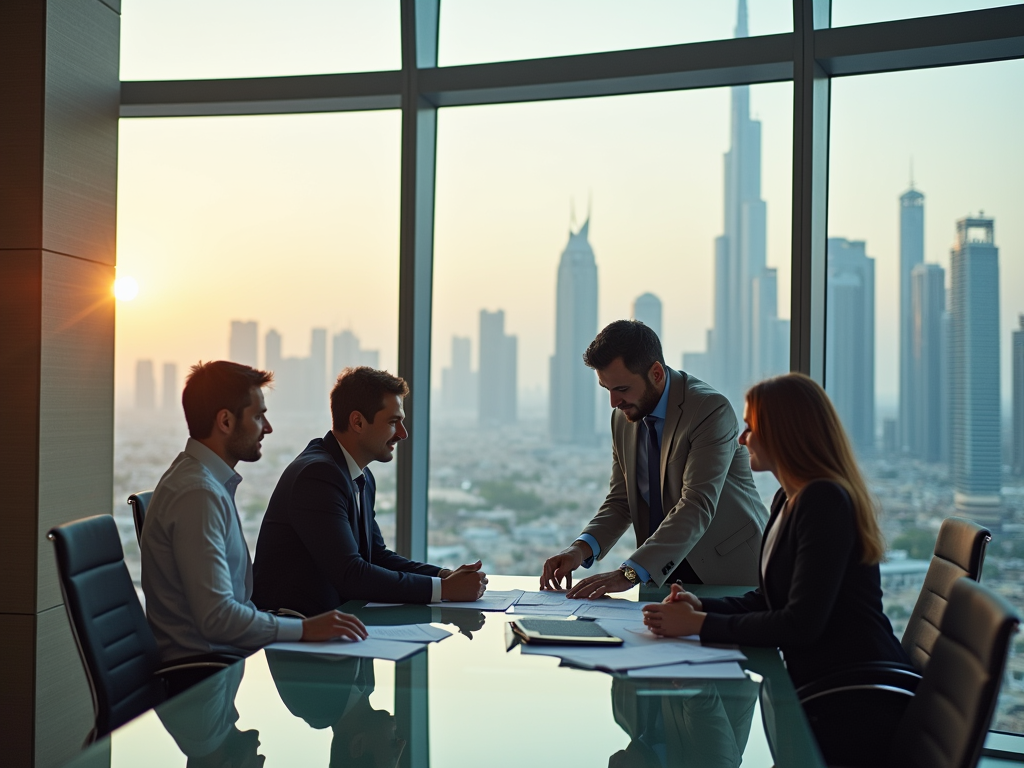 Four business professionals in a meeting with a cityscape and sunset in the background.