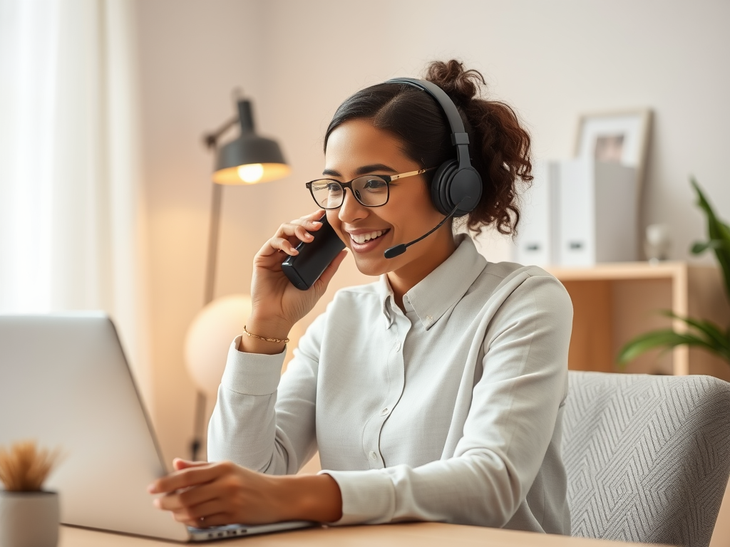 A smiling woman with glasses uses a headset while talking on the phone and working on a laptop in a cozy office.