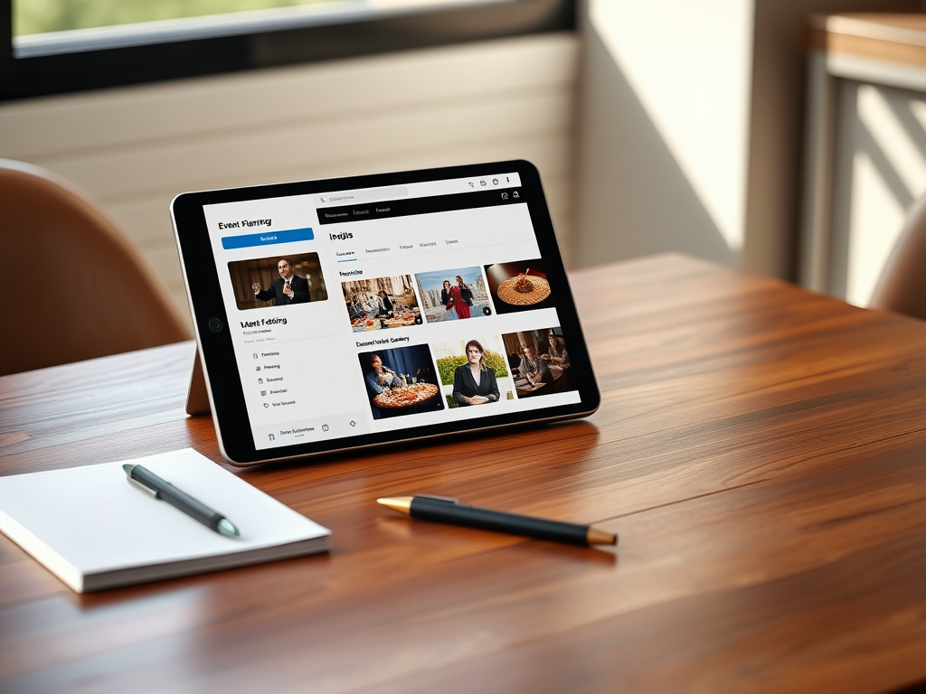 A tablet displays an event planning website on a wooden table, alongside a notepad and pens. Bright and airy setting.