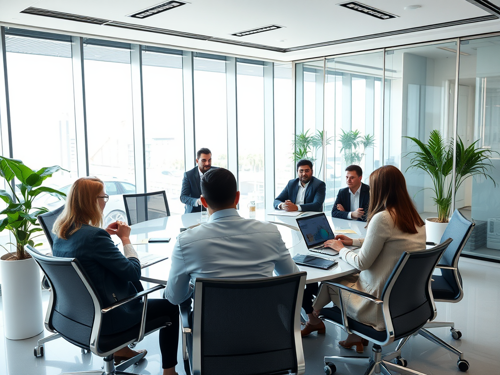 A diverse group of professionals meets at a modern conference table in a bright office with large windows.