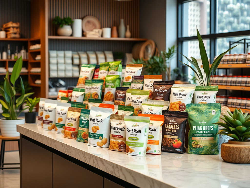 A variety of packaged snacks displayed on a table, surrounded by plants in a modern setting.