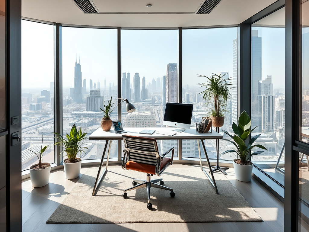 A modern office with large windows overlooking a city skyline, featuring a desk, chair, and potted plants.