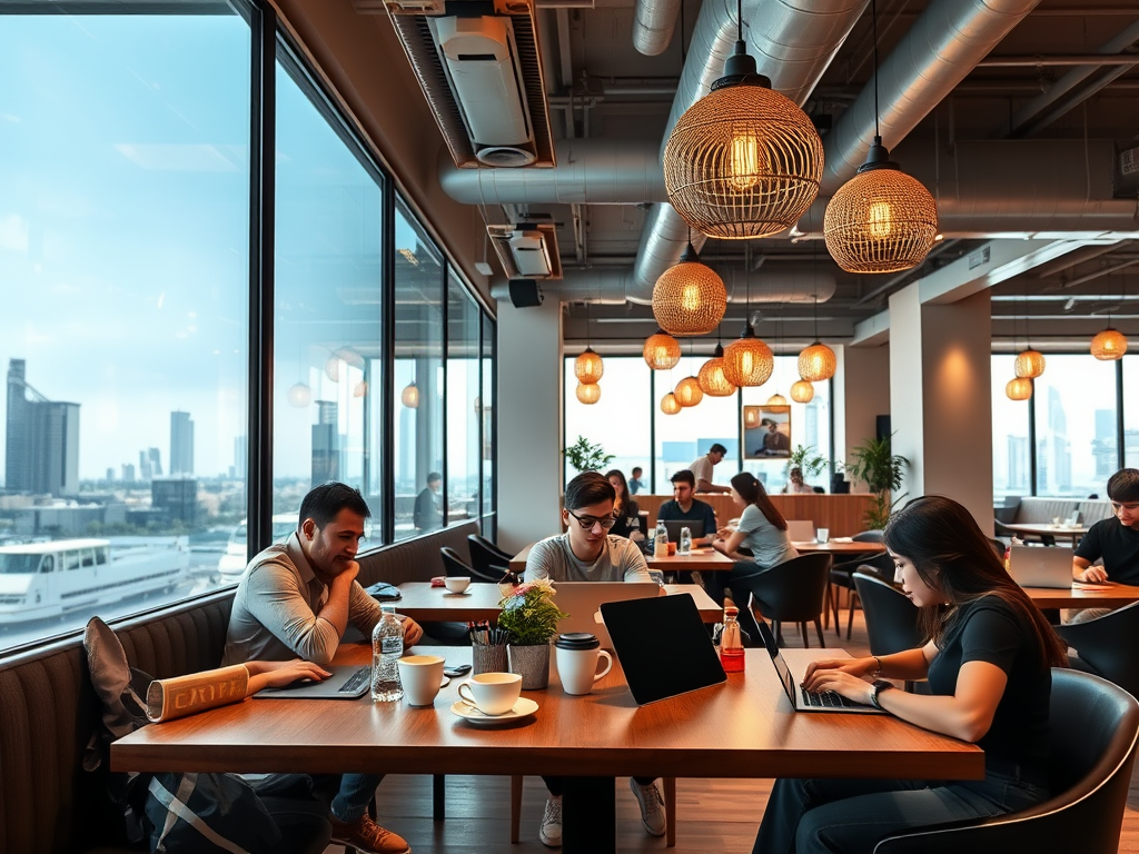 A modern café filled with people working on laptops, bright lights, and a view of the city skyline through large windows.