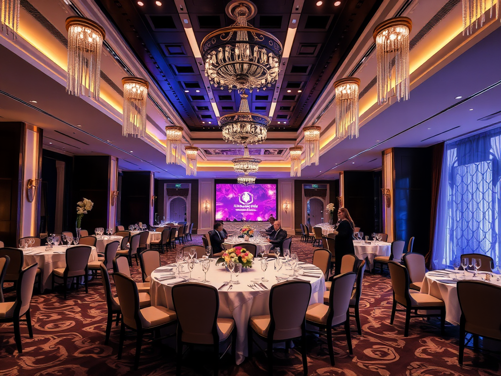 Elegant dining hall with chandeliers and round tables set for an event, featuring soft lighting and decorative details.