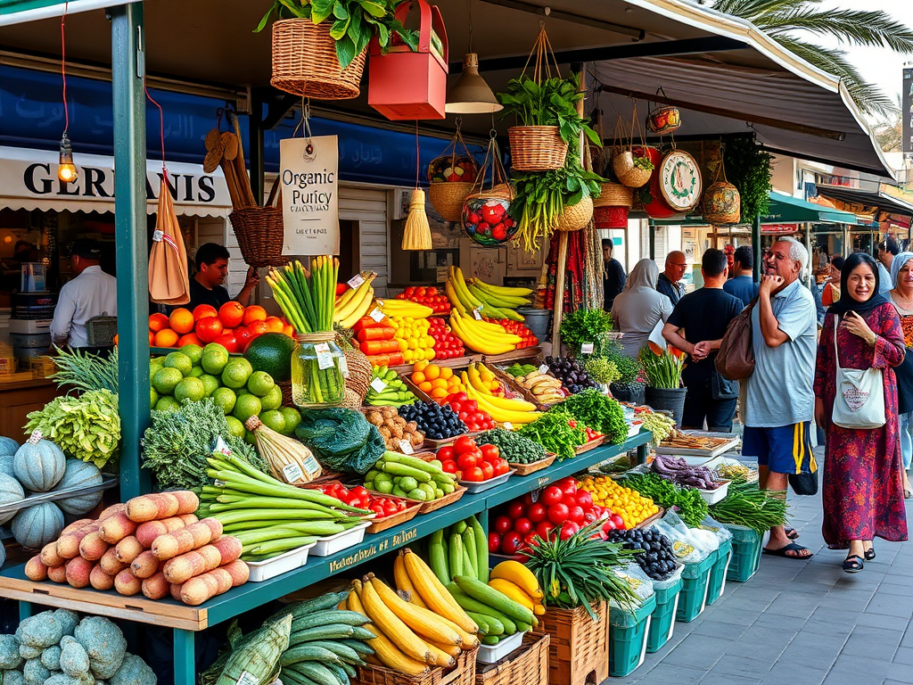 A vibrant market stall brimming with fresh fruits and vegetables, with shoppers and a sign for organic produce.