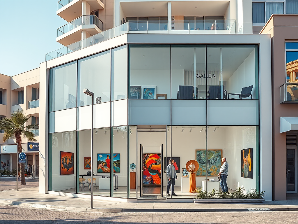 A modern art gallery with large glass windows, featuring colorful paintings and two men conversing outside.