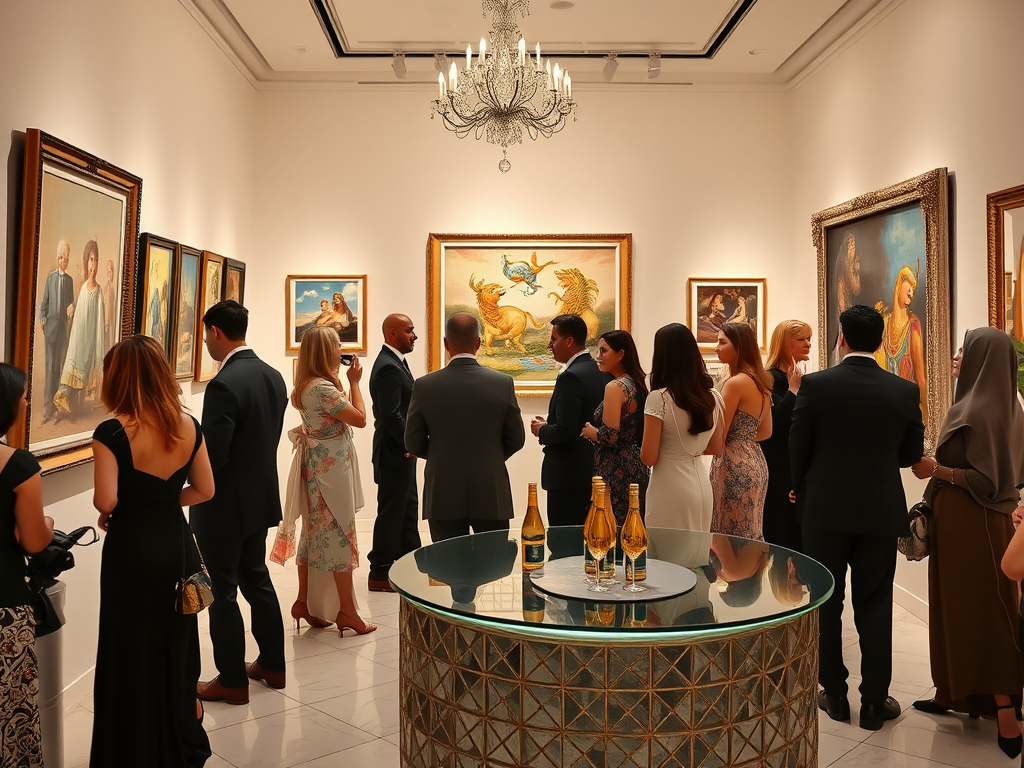 A gallery event with attendees admiring art, featuring framed paintings and a central table with sparkling drinks.