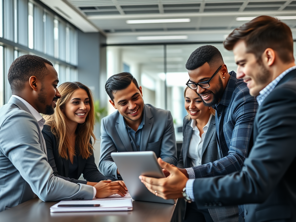 A diverse group of six professionals in suits collaborate around a tablet, sharing smiles and ideas in a modern office.