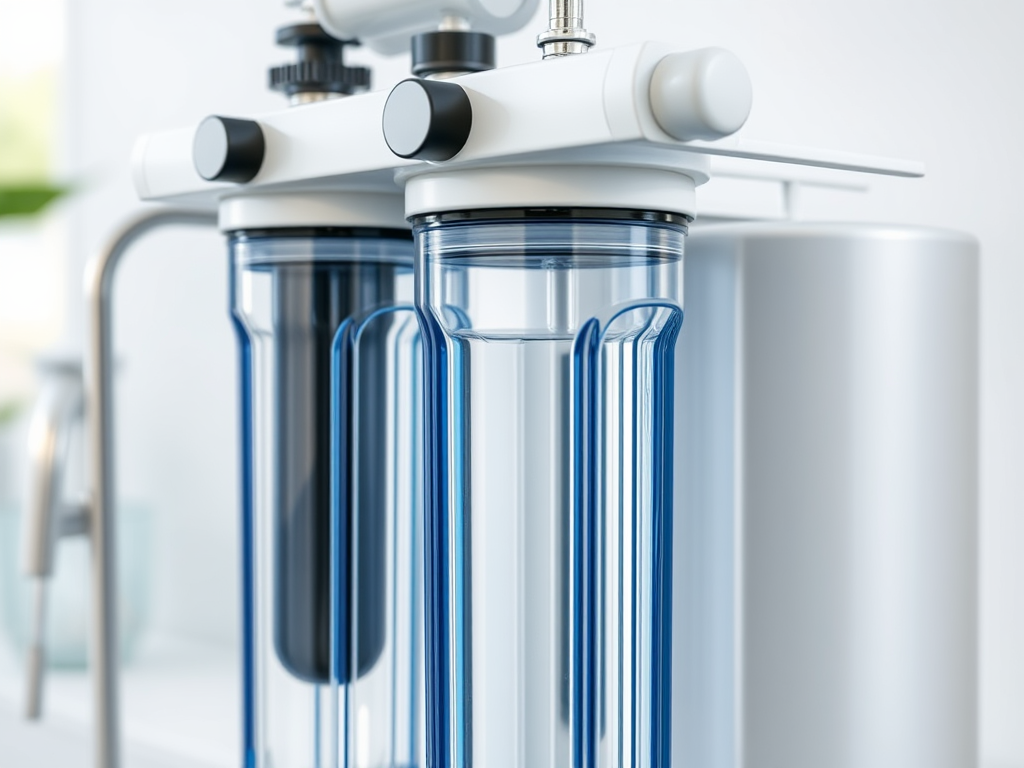 Close-up of a water filtration system featuring clear blue canisters and modern fittings on a white background.