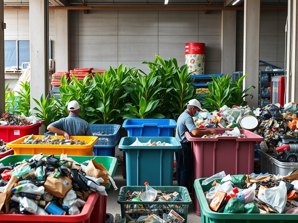 Two workers sort through colorful bins of waste in a recycling area surrounded by greenery.