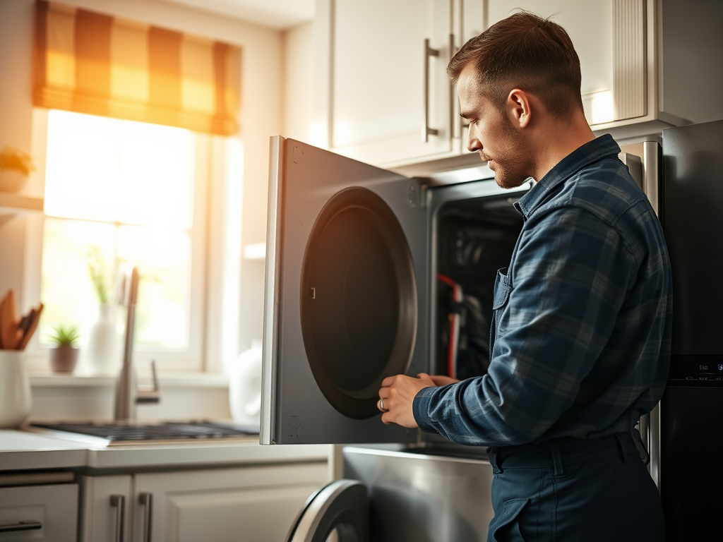 A man in a blue plaid shirt inspects a washing machine in a bright, modern kitchen. Sunlight streams in through the window.