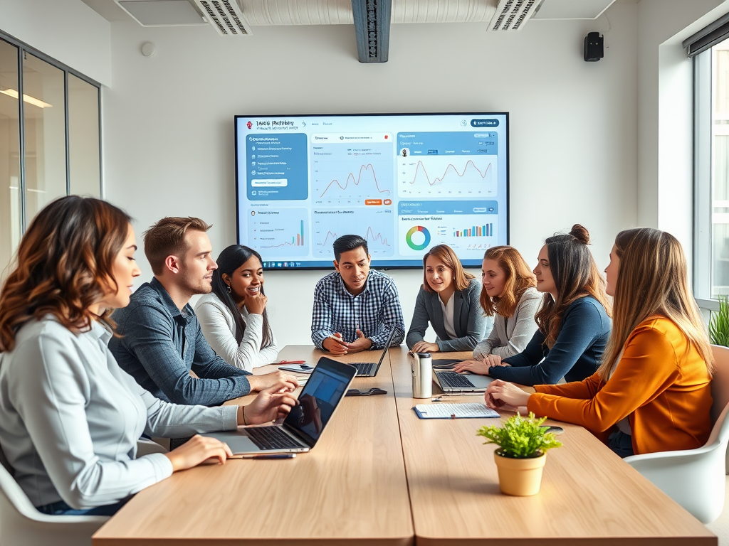 A diverse group of professionals in a meeting room, collaborating over laptops and discussing displayed data on a screen.