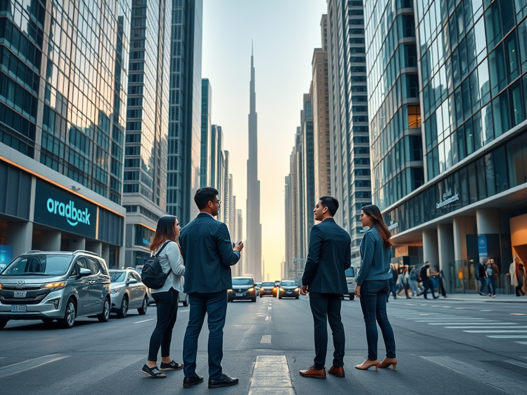 Four people stand in the street, facing a tall building in a busy urban area during sunset.