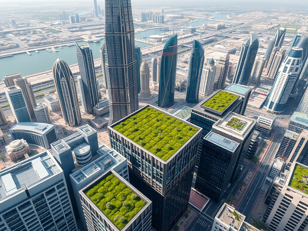 Aerial view of a modern cityscape with green rooftops on skyscrapers and a river running alongside the buildings.