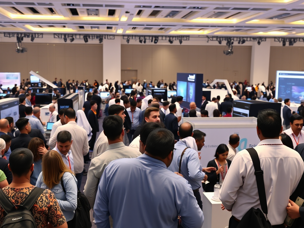 A crowded exhibition space with people interacting and exploring various displays and technology setups.