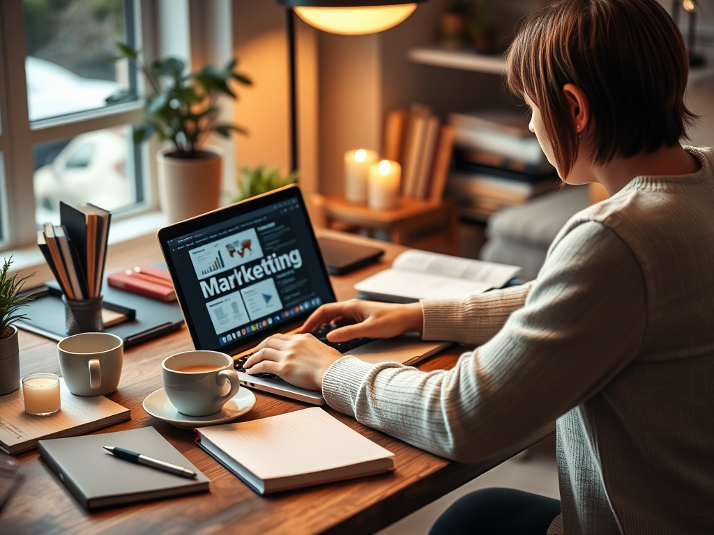 A person working on a laptop at a wooden desk, with coffee, notebooks, and a plant in a cozy room.