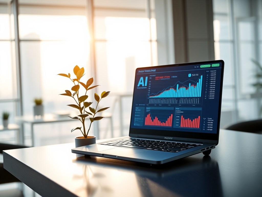 A laptop displaying financial data graphs with a small plant on a table, set against a bright, sunlit office background.